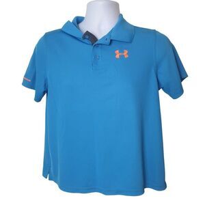 Under Armour Boys Polo Shirt YXL Teal Blue Loose Fit HeatGear Golf Sportswear